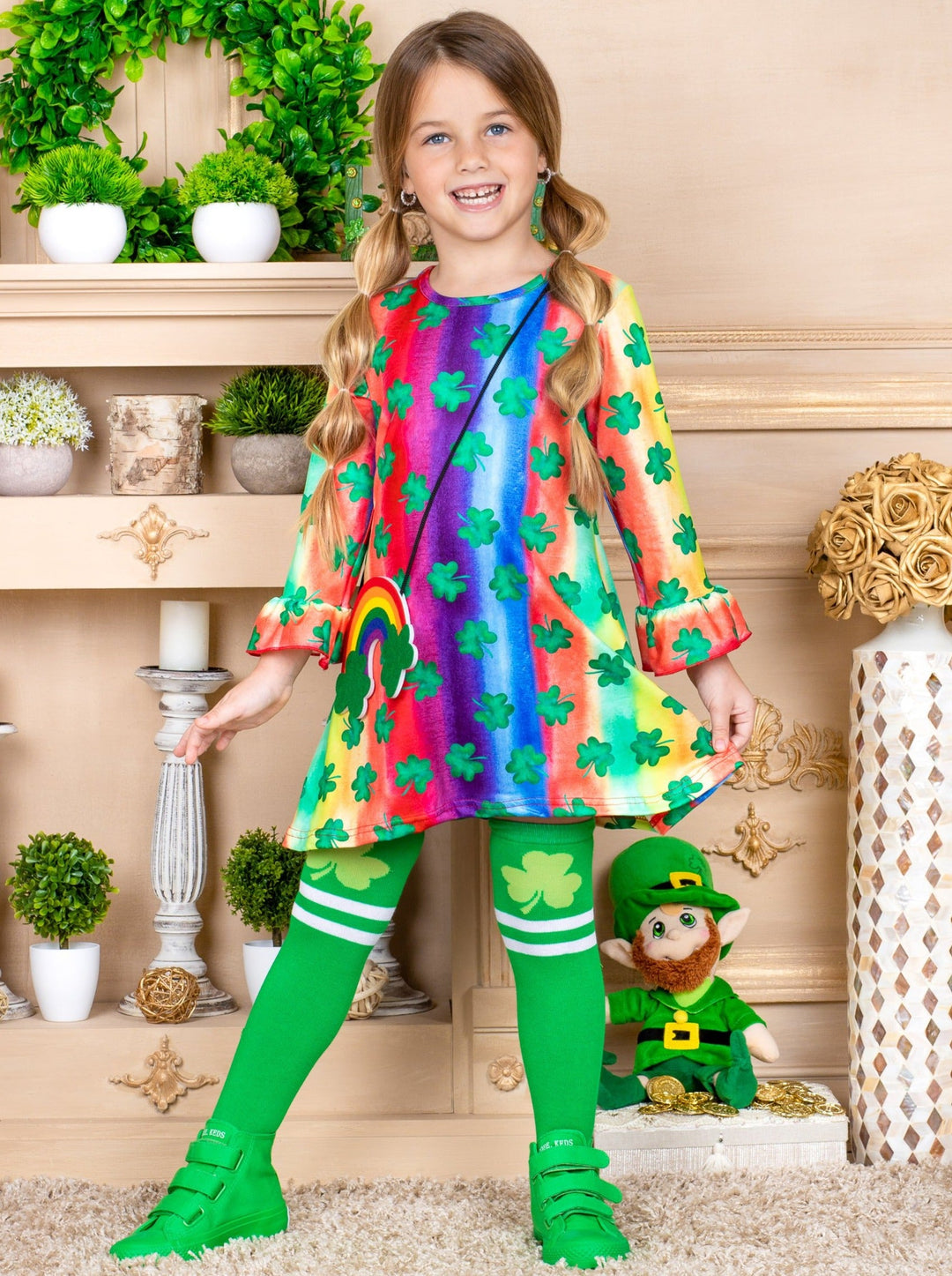 Girls "Clover" Rainbow Print Dress, Purse and Socks Set 2T-10T St Patricks day