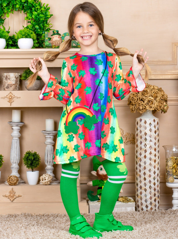 Girls "Clover" Rainbow Print Dress, Purse and Socks Set 2T-10T St Patricks day