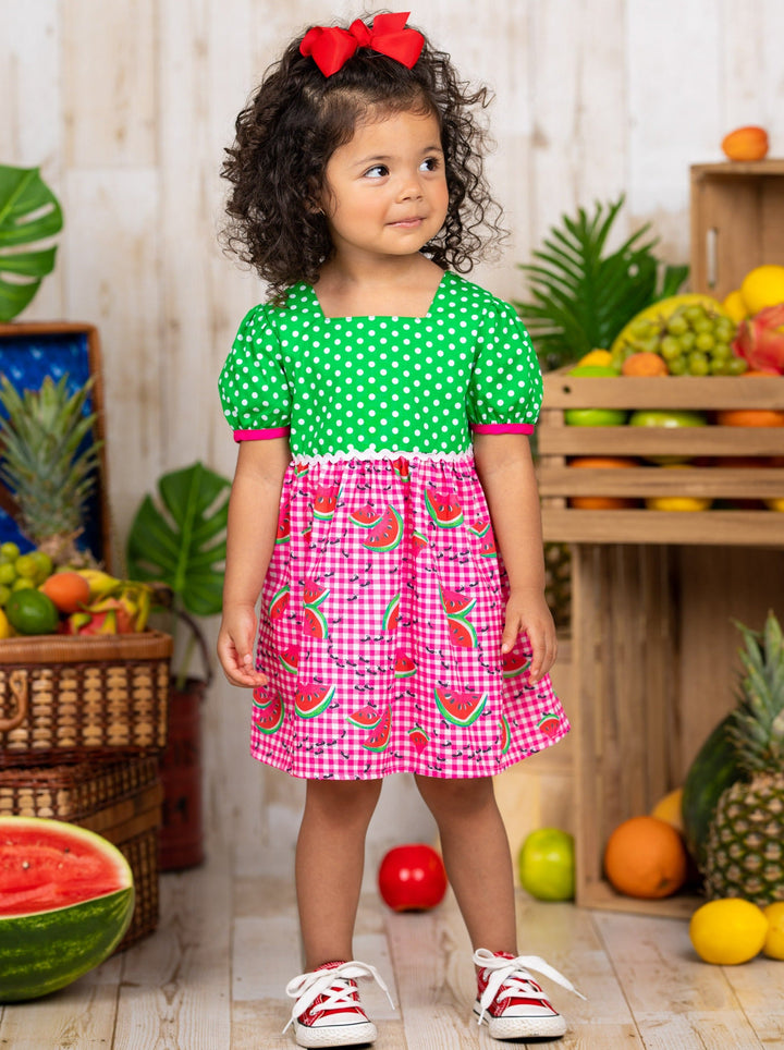 Toddlers Spring Dresses | Girls Watermelon Polka Dot Checkered Dress