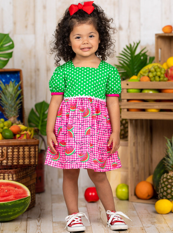 Toddlers Spring Dresses | Girls Watermelon Polka Dot Checkered Dress