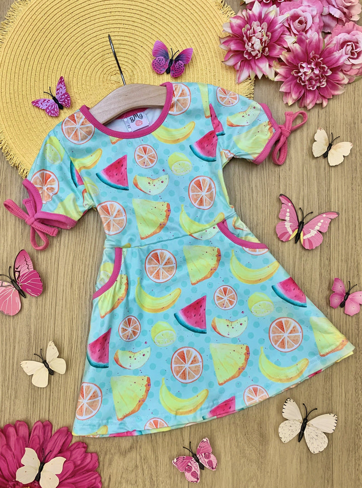 Little Girls Resort Wear | Tropical Fruit Print Capped Sleeve Dress