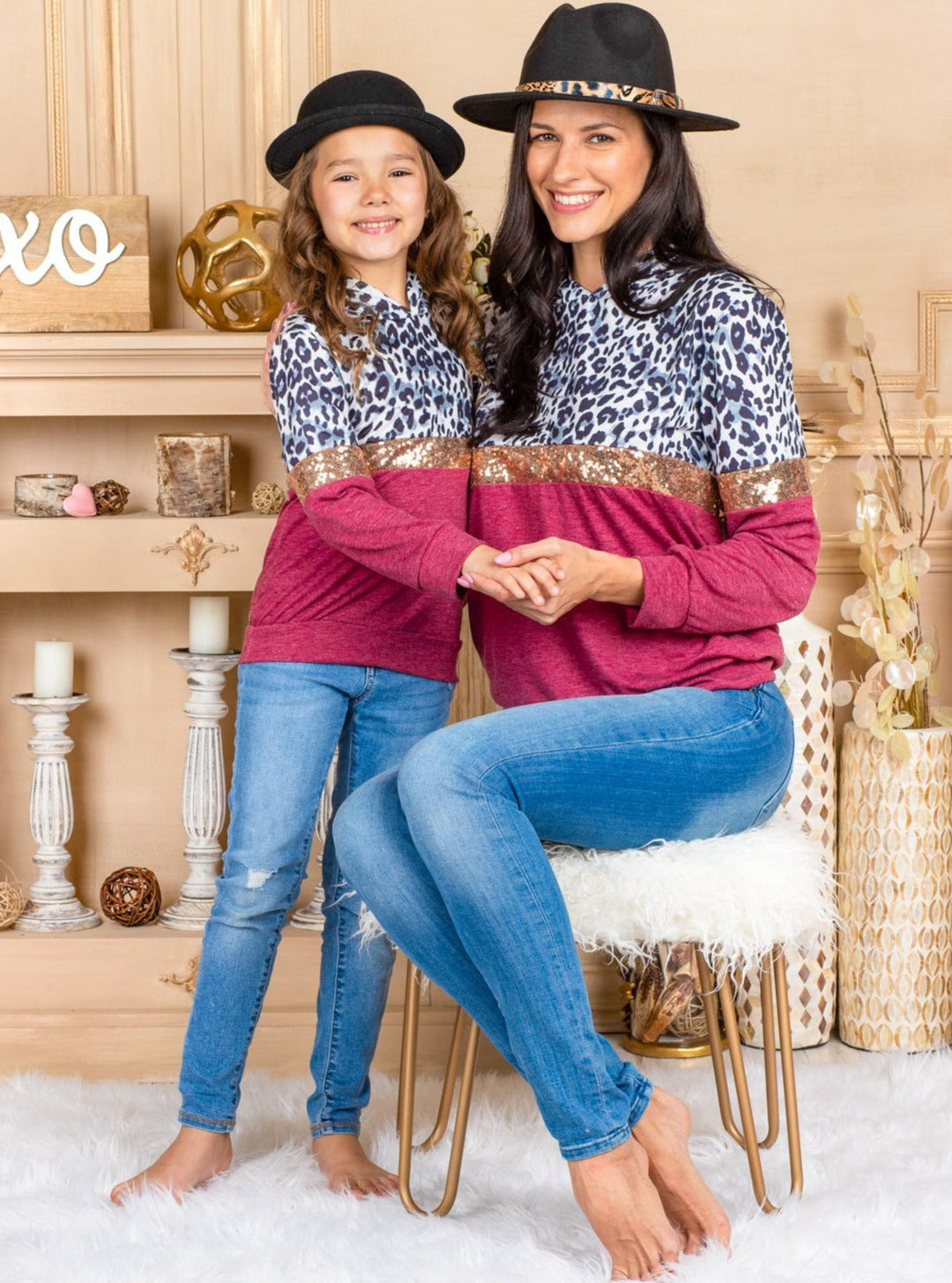 Mommy & Me Cute Tops | Colorblock Animal Print Sequin Hooded Tops