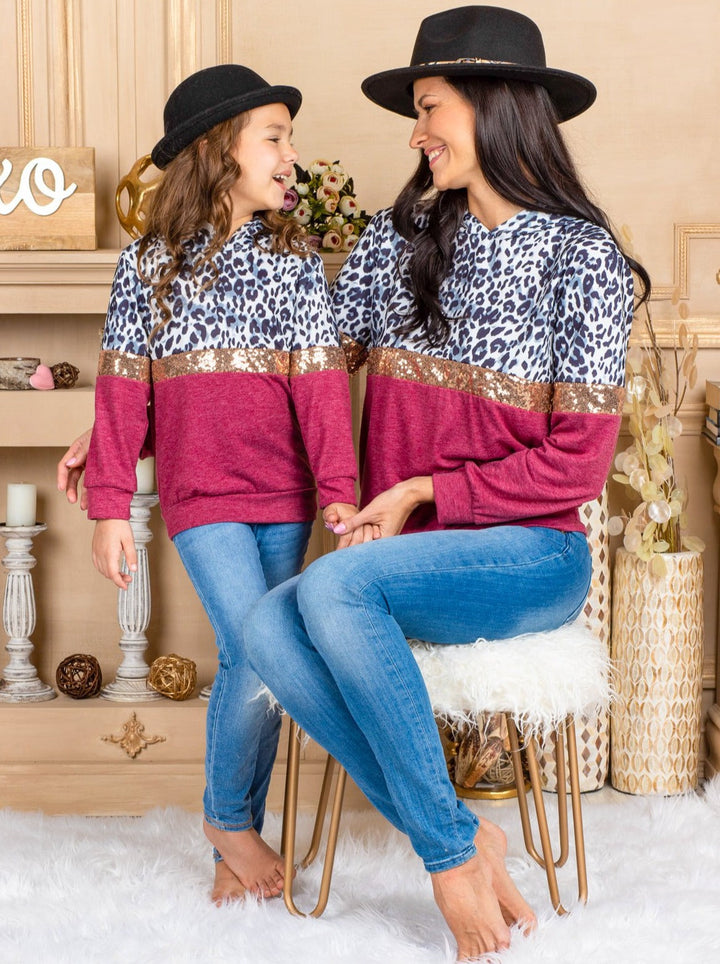 Mommy & Me Cute Tops | Colorblock Animal Print Sequin Hooded Tops