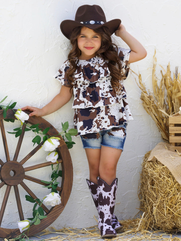 Toddler Spring Outfits | Girls Cow Print Ruffle Top & Denim Shorts Set