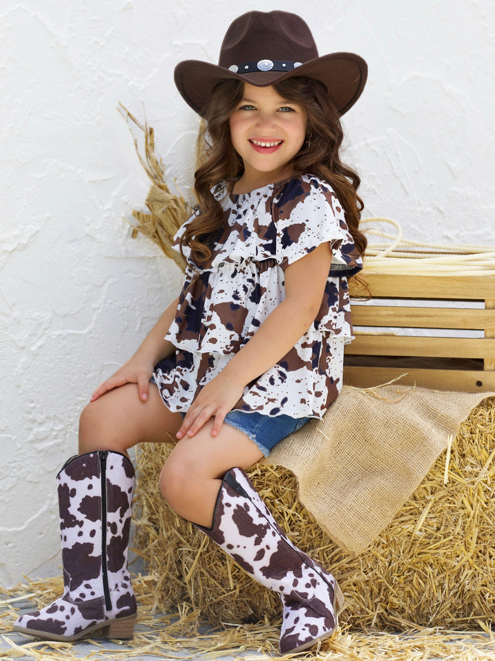 Toddler Spring Outfits | Girls Cow Print Ruffle Top & Denim Shorts Set