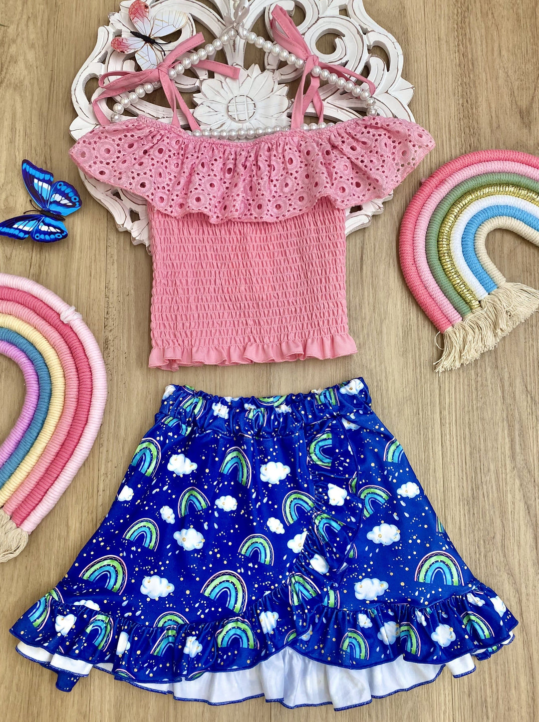 Kids Spring Clothes | Girls Pink Smocked Top & Rainbow Skirt Set