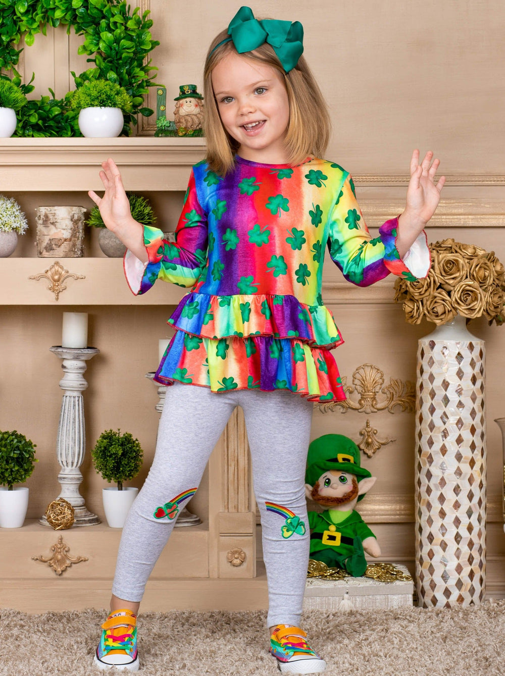 St. Patrick's Day Clothes | Girls Rainbow Clover Tunic & Legging Set