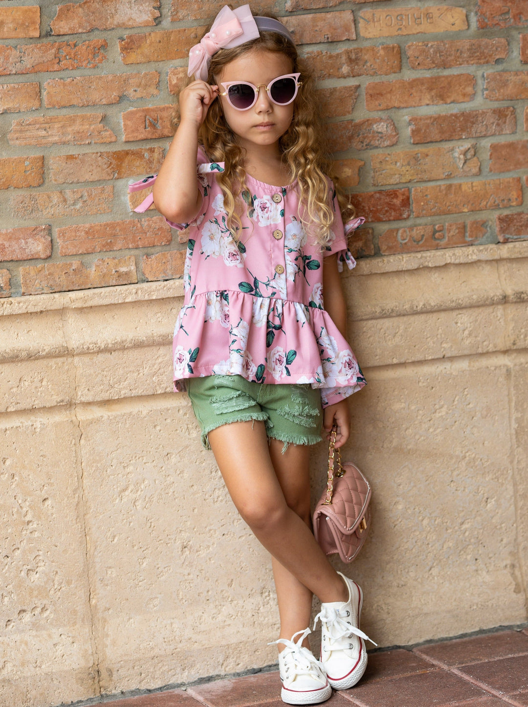 Girls Spring Outfits | Floral Peplum Top & Distressed Denim Shorts Set