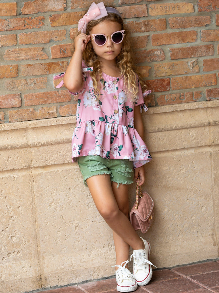 Girls Spring Outfits | Floral Peplum Top & Distressed Denim Shorts Set