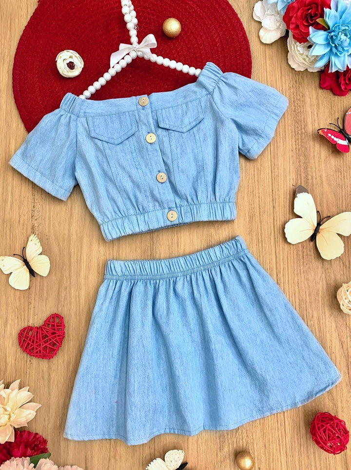 Toddler Spring Outfits | Girls Chambray Buttoned Top & Skirt Set