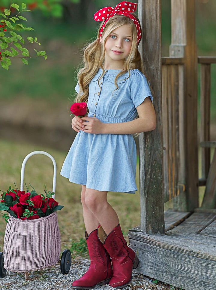 Toddler Spring Outfits | Girls Chambray Buttoned Top & Skirt Set