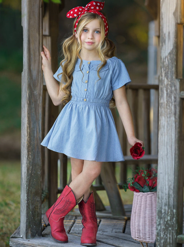 Toddler Spring Outfits | Girls Chambray Buttoned Top & Skirt Set