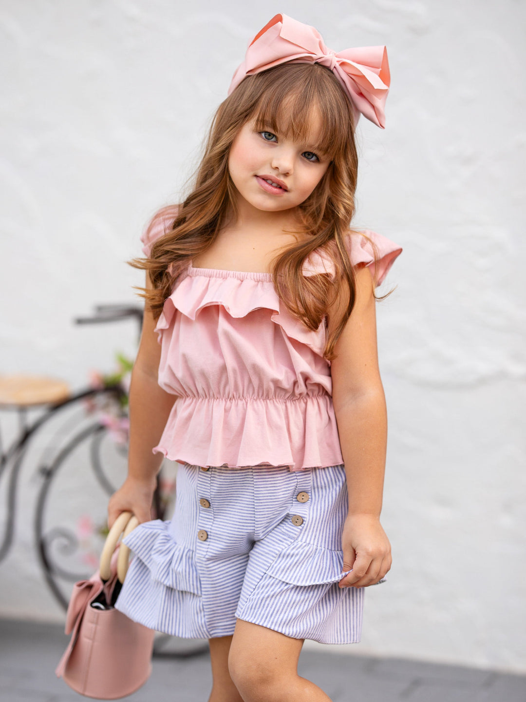 Toddler Spring Outfits | Girls Stylish Peplum Top & Stripes Shorts Set