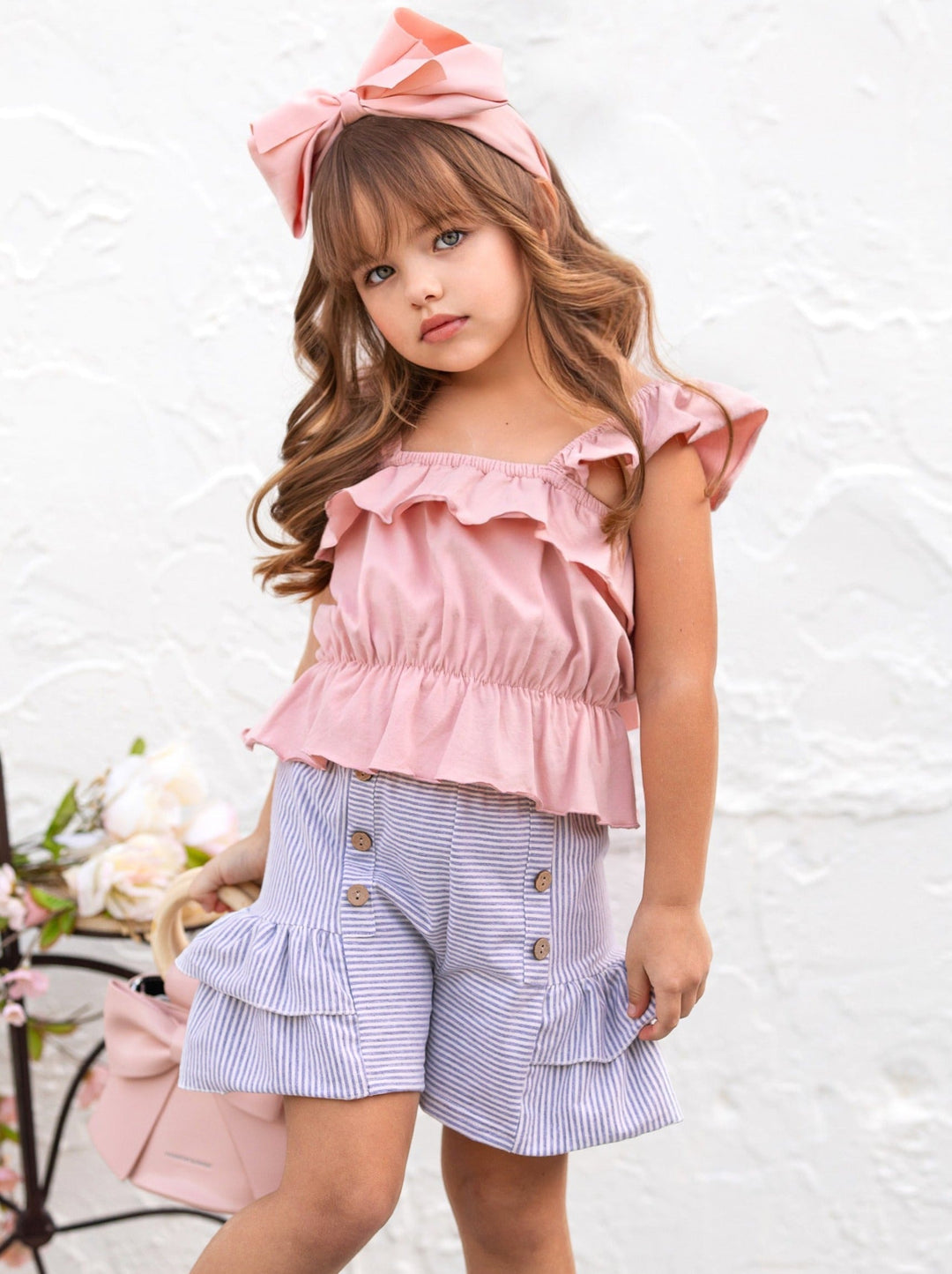 Toddler Spring Outfits | Girls Stylish Peplum Top & Stripes Shorts Set