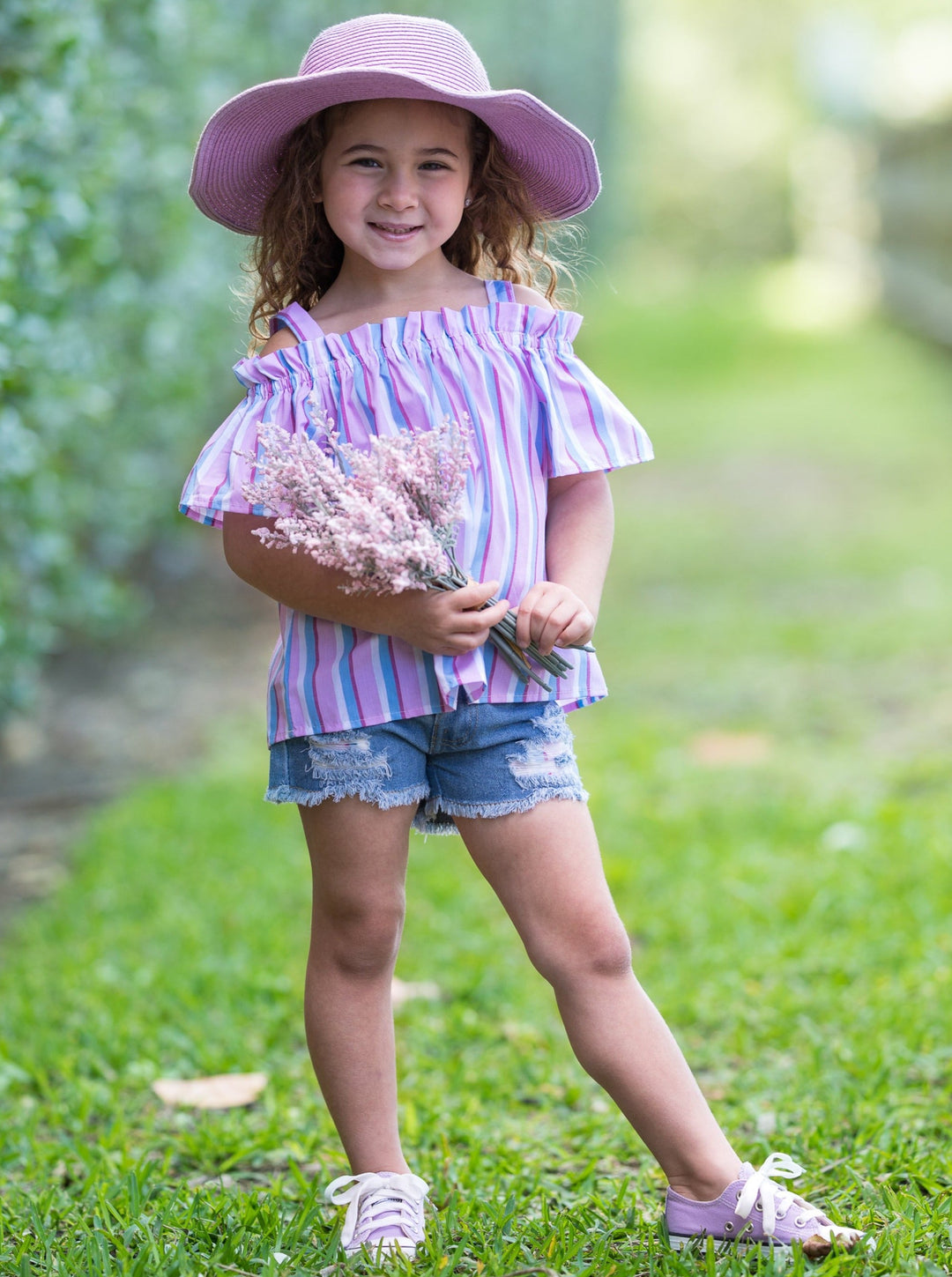 Kids Spring Clothes | Little Girls Striped Top & Denim Shorts Set