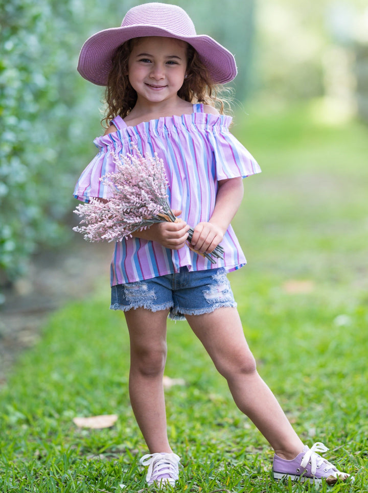 Kids Spring Clothes | Little Girls Striped Top & Denim Shorts Set