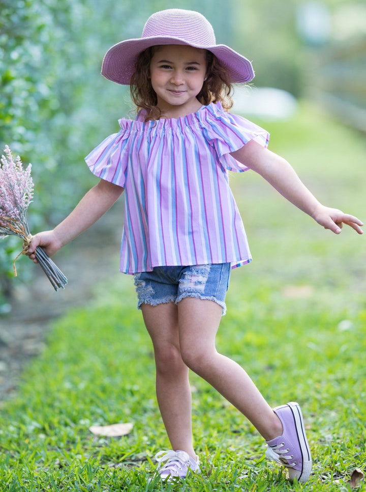 Kids Spring Clothes | Little Girls Striped Top & Denim Shorts Set