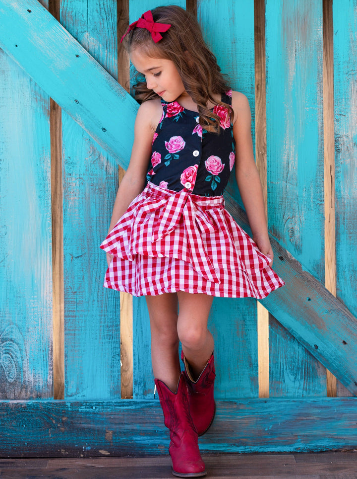 Girls Spring Outfits | Black Floral Top & Red Plaid Tiered Skirt Set