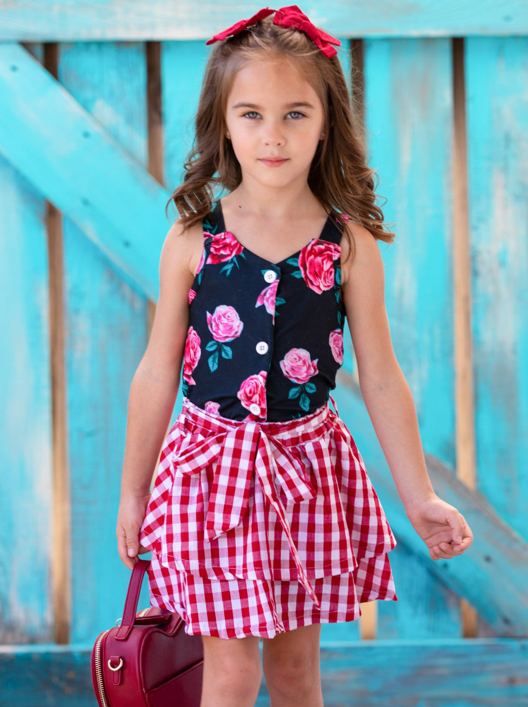 Girls Spring Outfits | Black Floral Top & Red Plaid Tiered Skirt Set