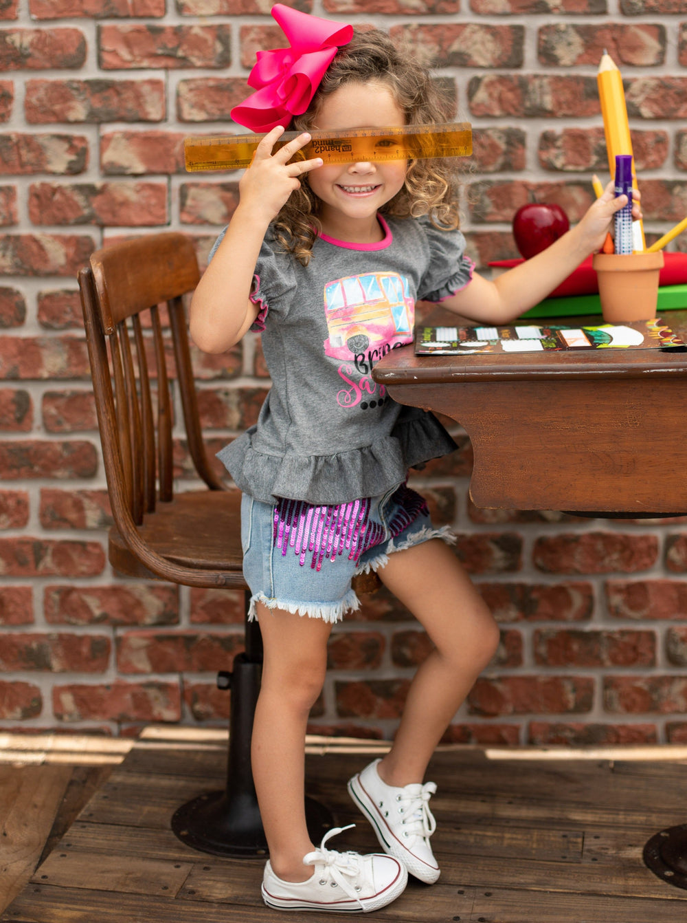 First Day of School | Class Top & Sequin Denim Shorts | Mia Belle Girls