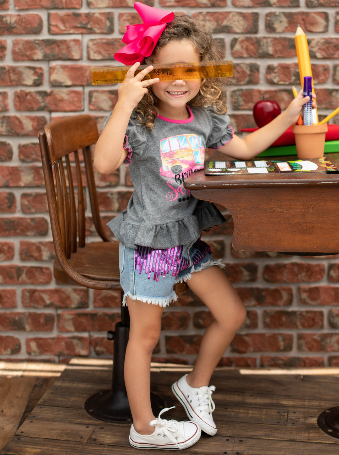 First Day of School | Class Top & Sequin Denim Shorts | Mia Belle Girls