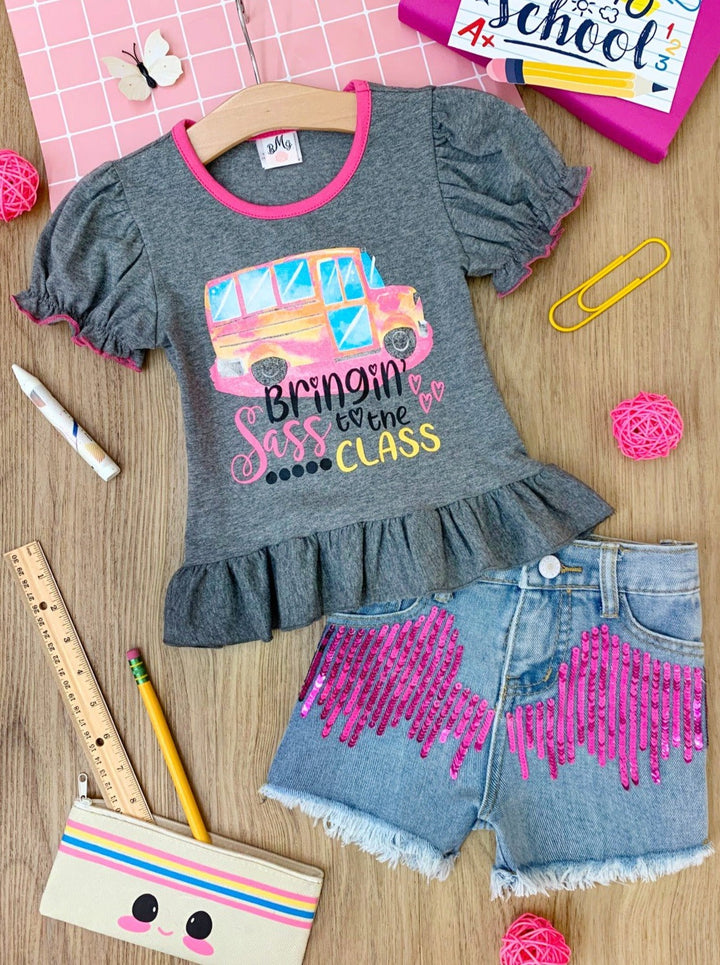 First Day of School | Class Top & Sequin Denim Shorts | Mia Belle Girls