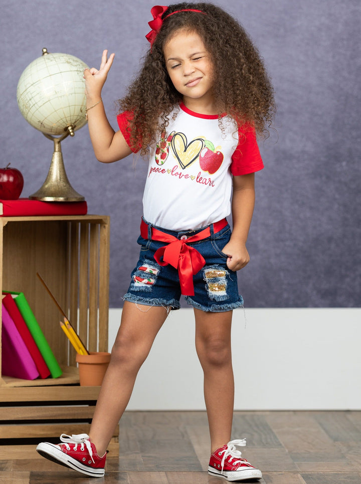  First Day of School | Learn Patched Denim Short Set | Mia Belle Girls