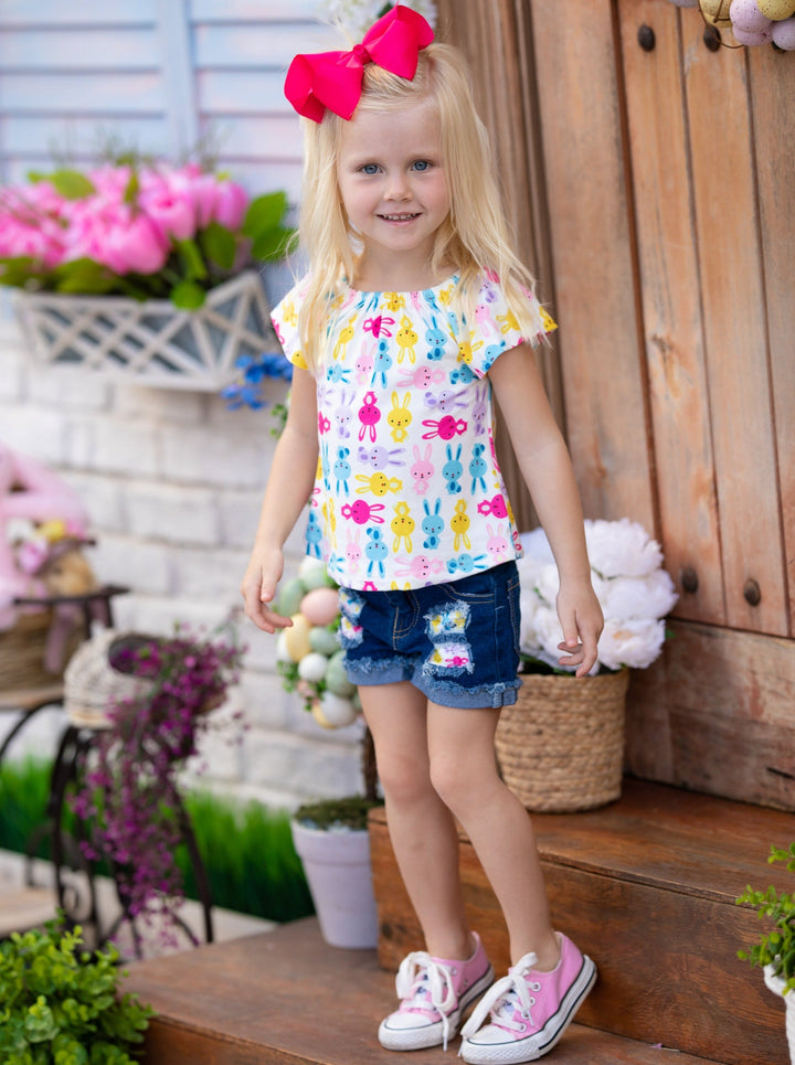 Girls The Bunny Crew Top and Denim Shorts with Sash Set