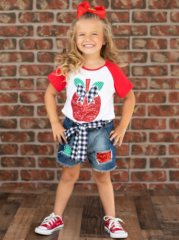 Back To School | Raglan Top & Patched Denim Shorts | Mia Belle Girls