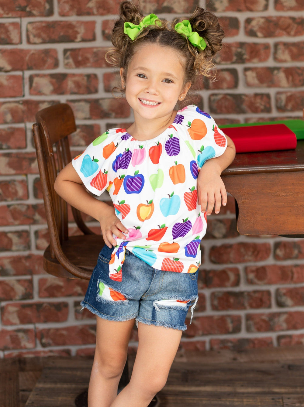 First Day of School | Apple Top & Patched Denim Shorts | Mia Belle Girls