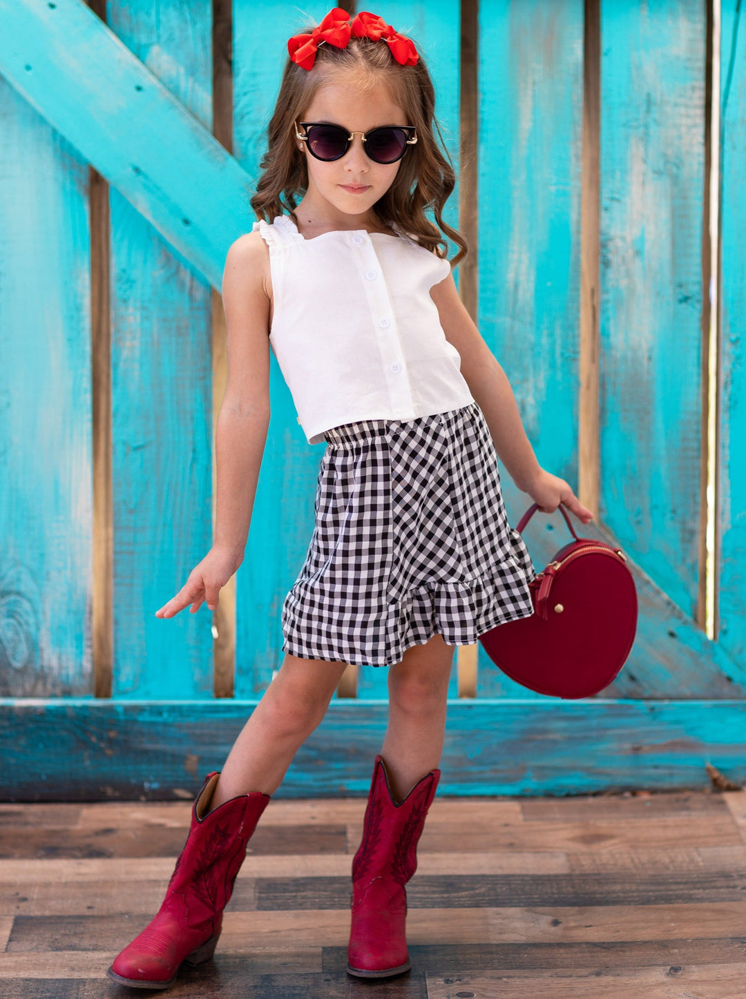 Girls White Cropped Top with Front Buttons and Checkered Skirt