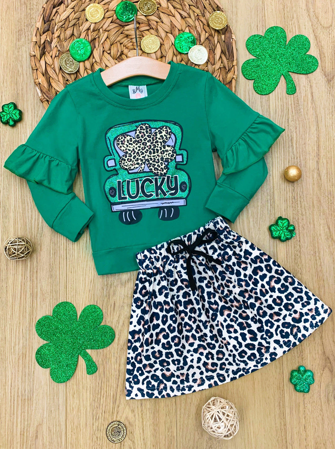 St. Patrick's Day Clothes | Girls Luck Truck Top & Leopard Skirt Set 