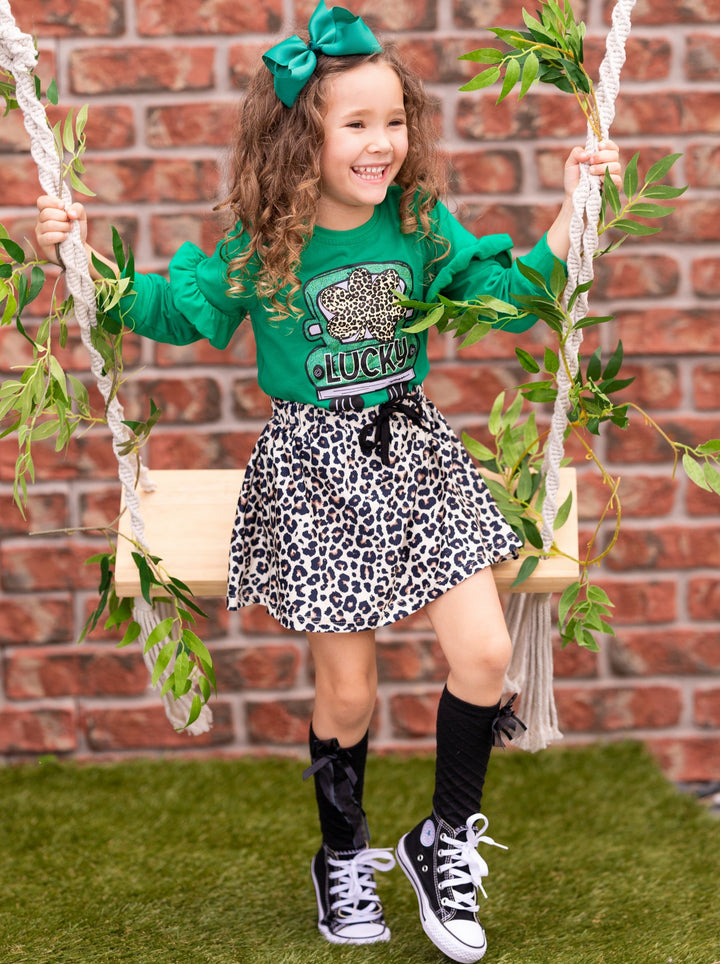 St. Patrick's Day Clothes | Girls Luck Truck Top & Leopard Skirt Set 