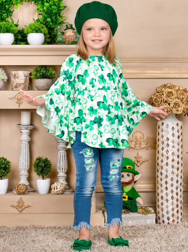 Cute St. Patty's Day Outfits | Bell Sleeve Tunic & Patched Jeans Set