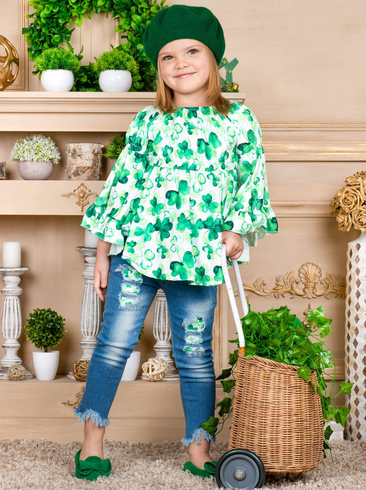 Cute St. Patty's Day Outfits | Bell Sleeve Tunic & Patched Jeans Set