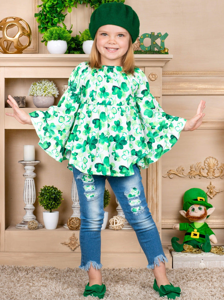 Cute St. Patty's Day Outfits | Bell Sleeve Tunic & Patched Jeans Set