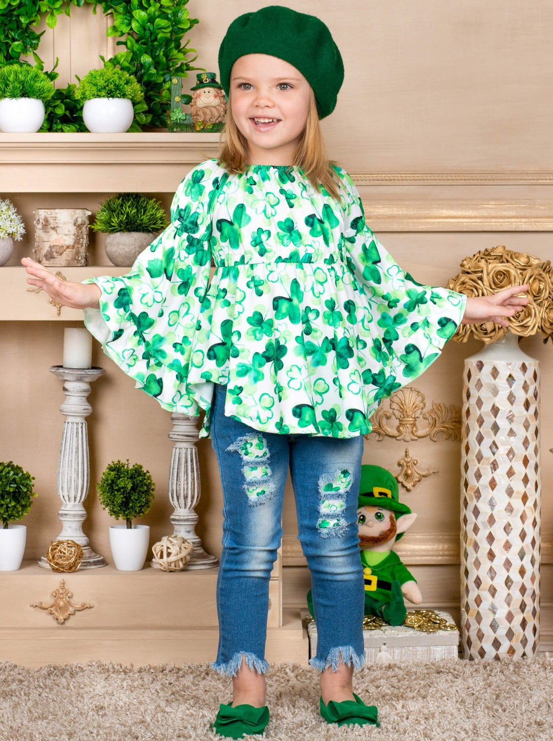 Cute St. Patty's Day Outfits | Bell Sleeve Tunic & Patched Jeans Set