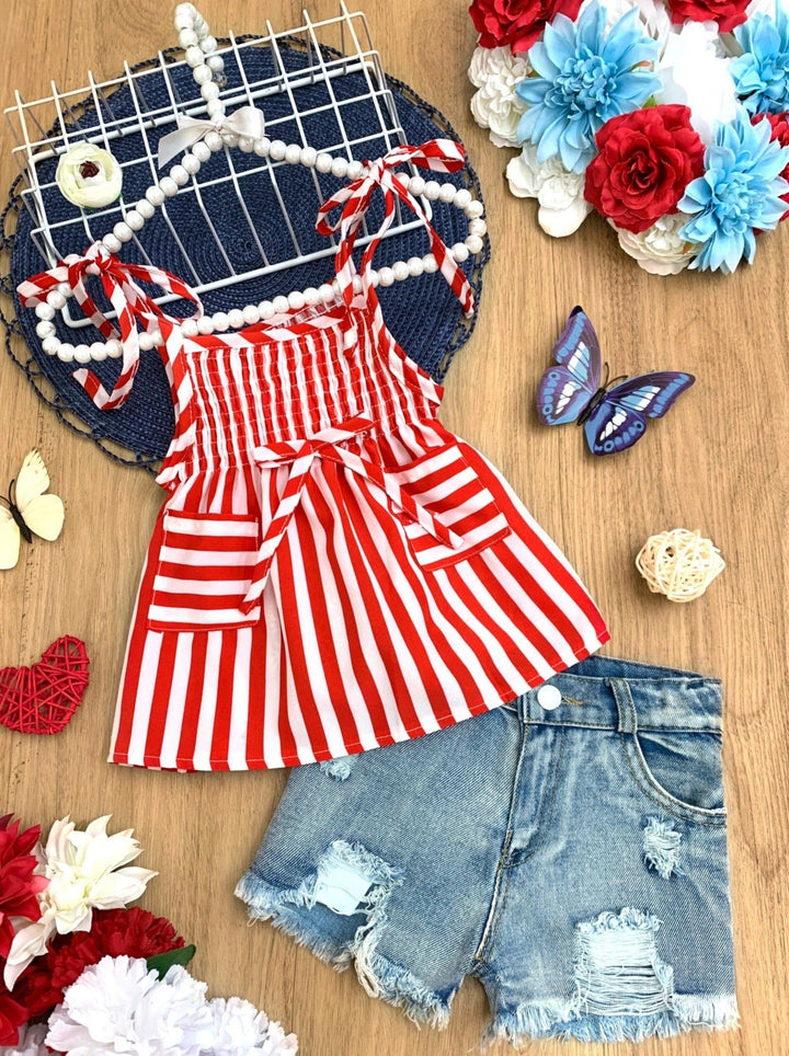 Cute Toddler Outfit | Little Girls Striped Top & Denim Shorts Set