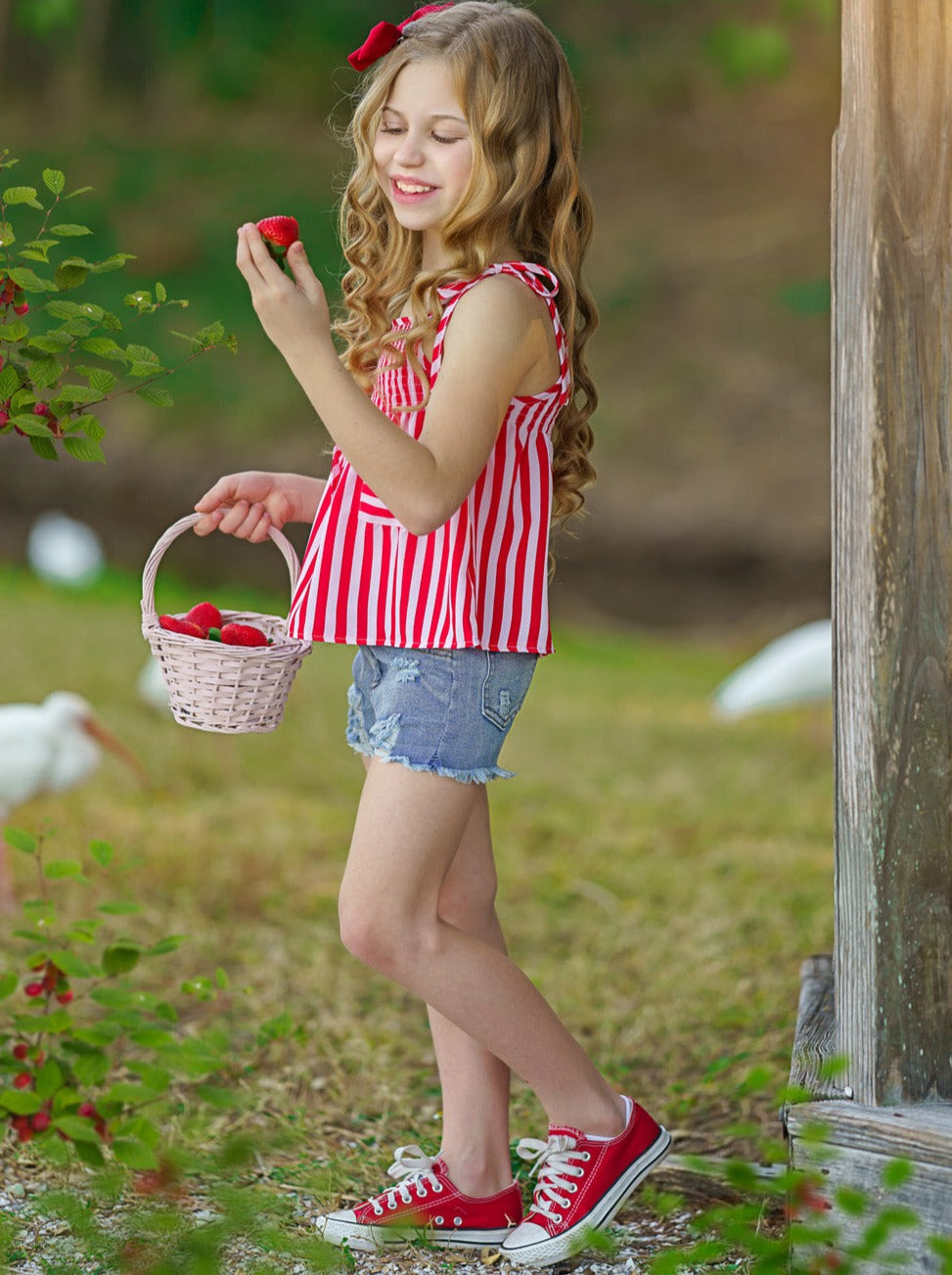 Cute Toddler Outfit | Little Girls Striped Top & Denim Shorts Set