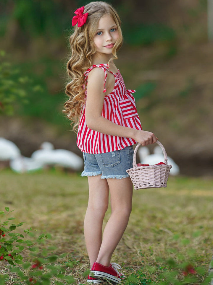 Cute Toddler Outfit | Little Girls Striped Top & Denim Shorts Set