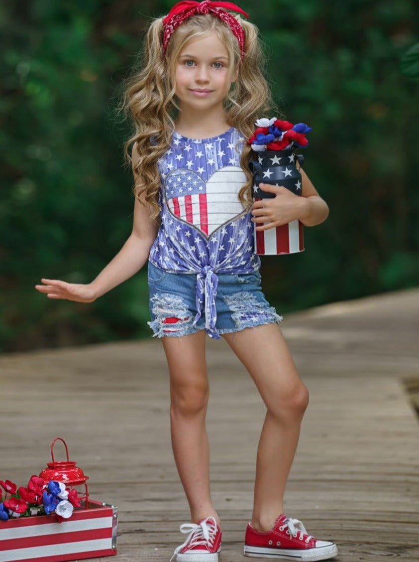 Girls 4th of July Outfits | Knot Hem Top & Patched Denim Shorts Set 