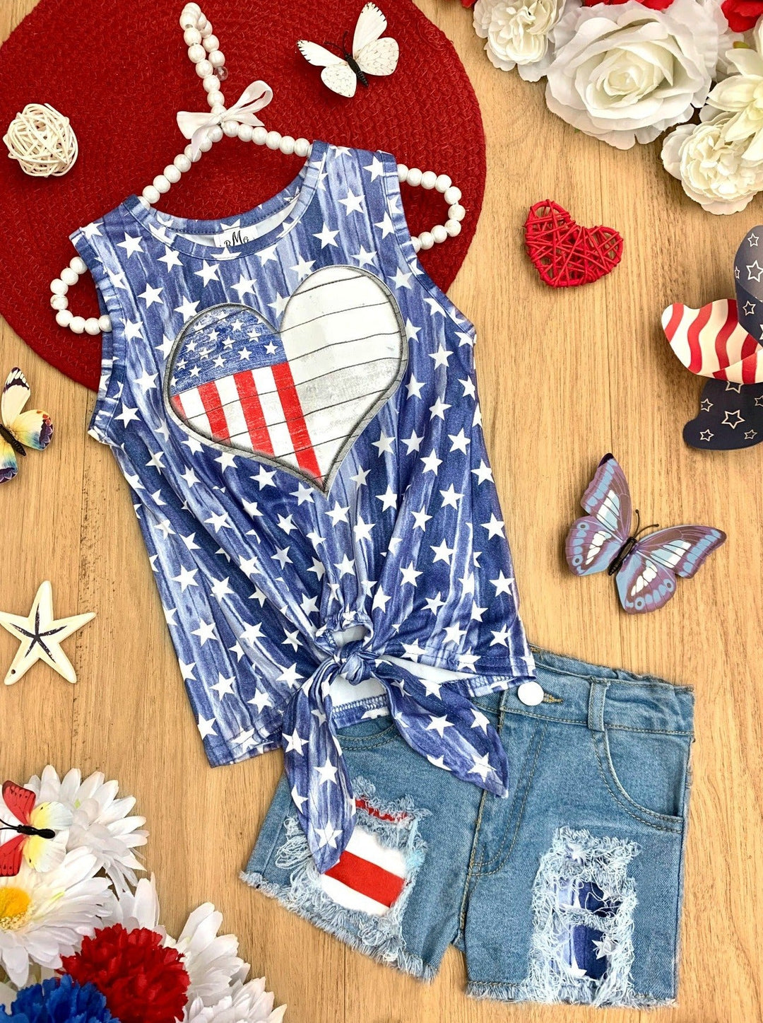 Girls 4th of July Outfits | Knot Hem Top & Patched Denim Shorts Set 