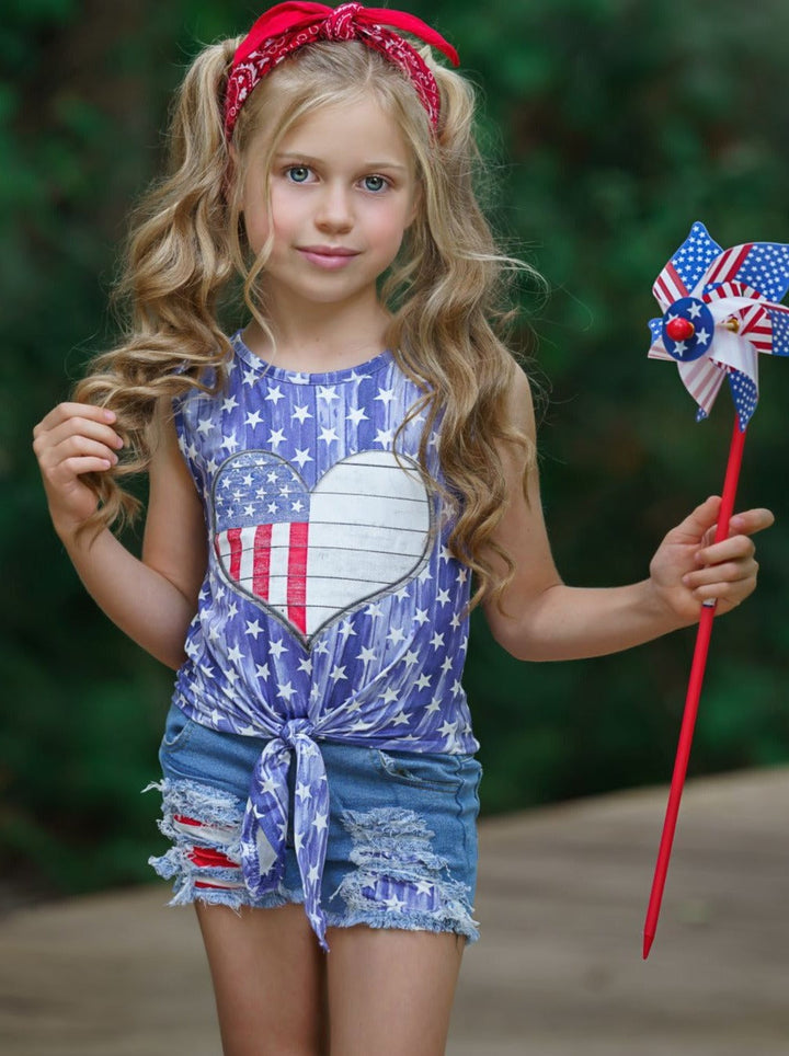 Girls 4th of July Outfits | Knot Hem Top & Patched Denim Shorts Set 