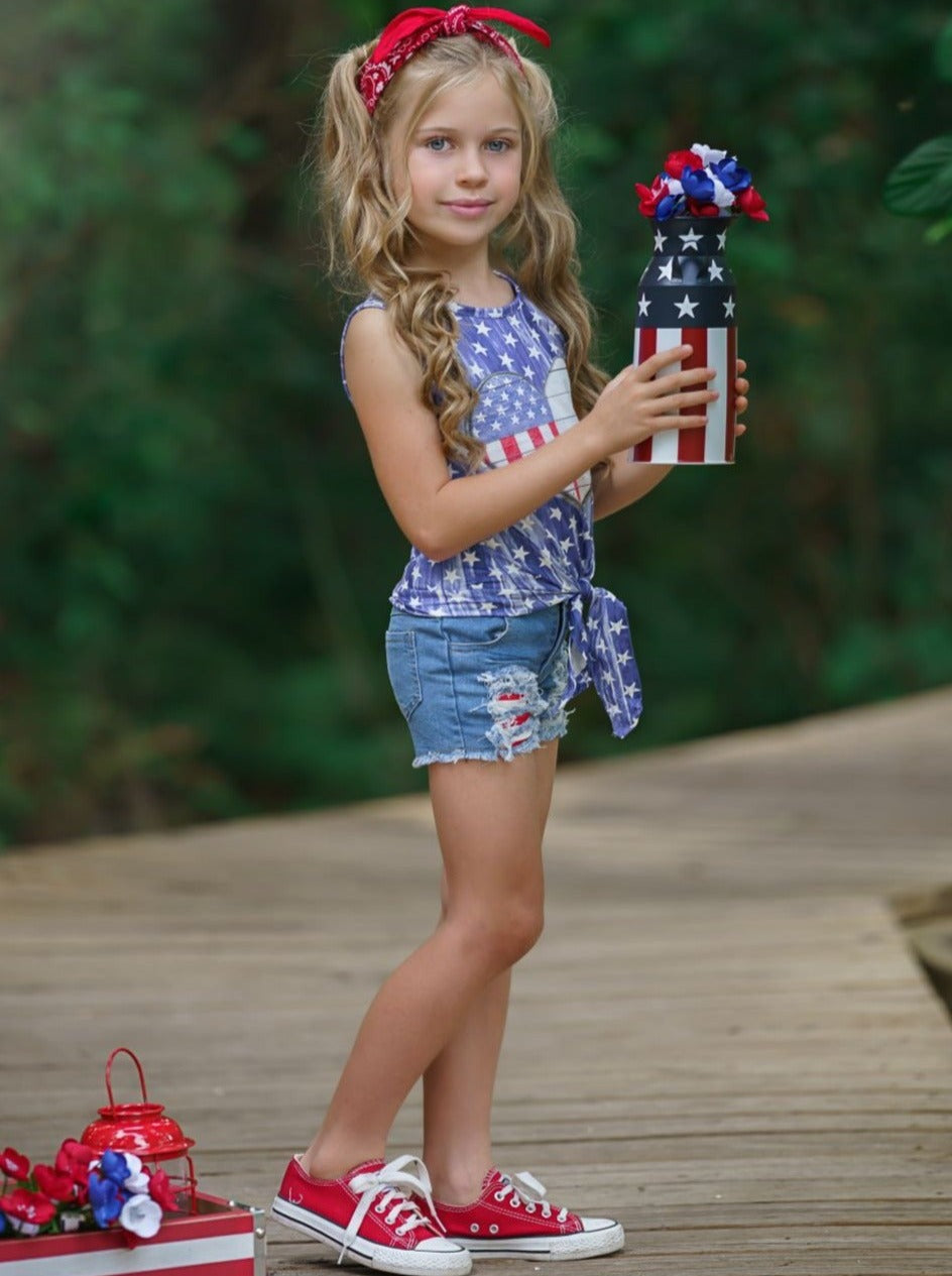 Girls 4th of July Outfits | Knot Hem Top & Patched Denim Shorts Set 