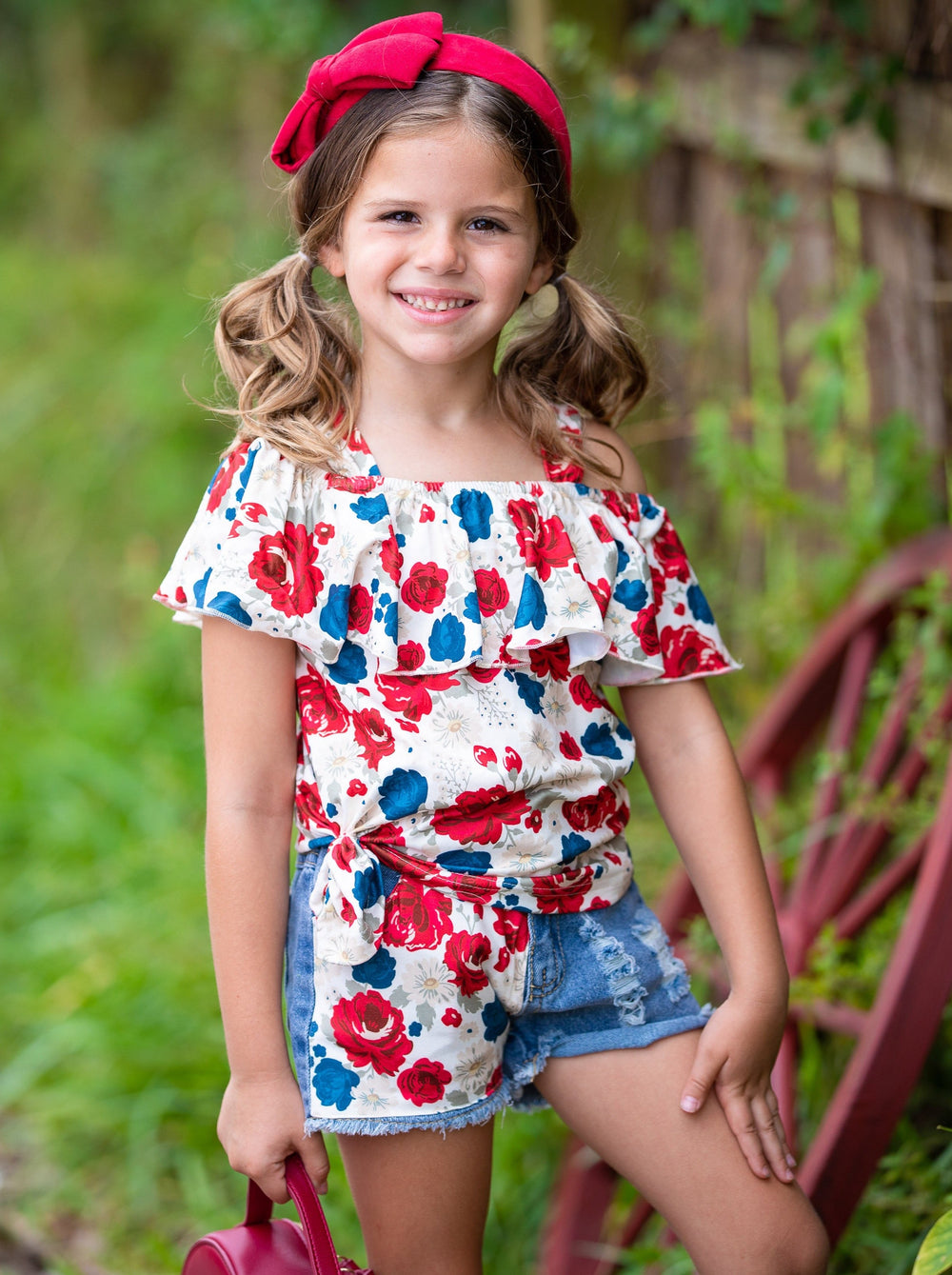 Girls Spring Outfits | Floral Ruffle Top & Patched Denim Shorts Set