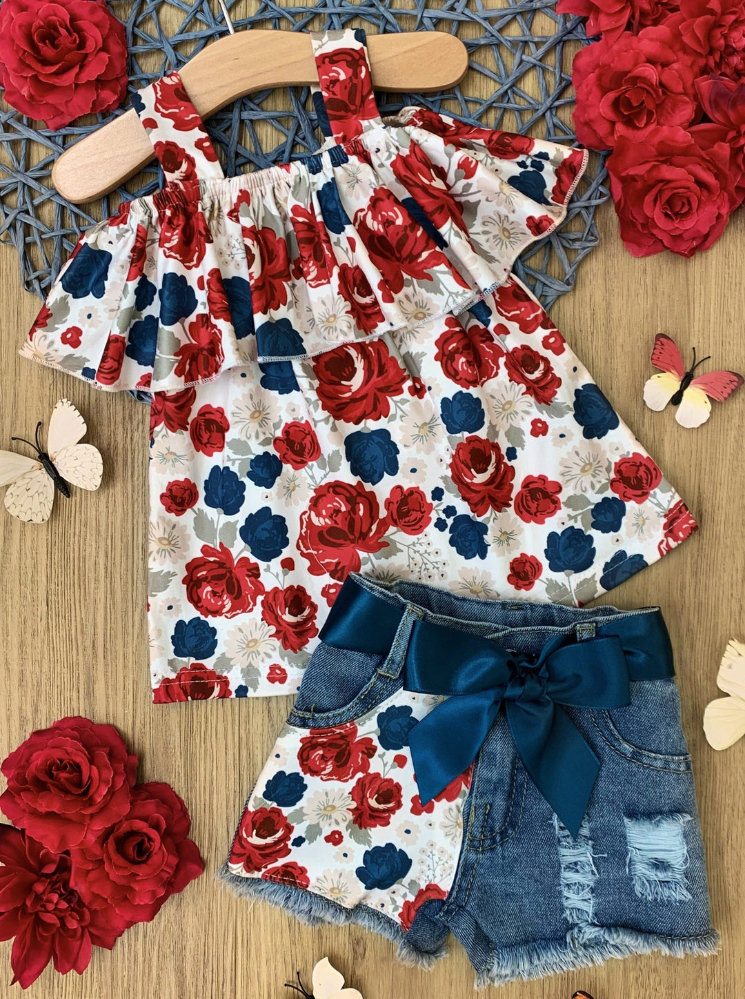 Girls Spring Outfits | Floral Ruffle Top & Patched Denim Shorts Set