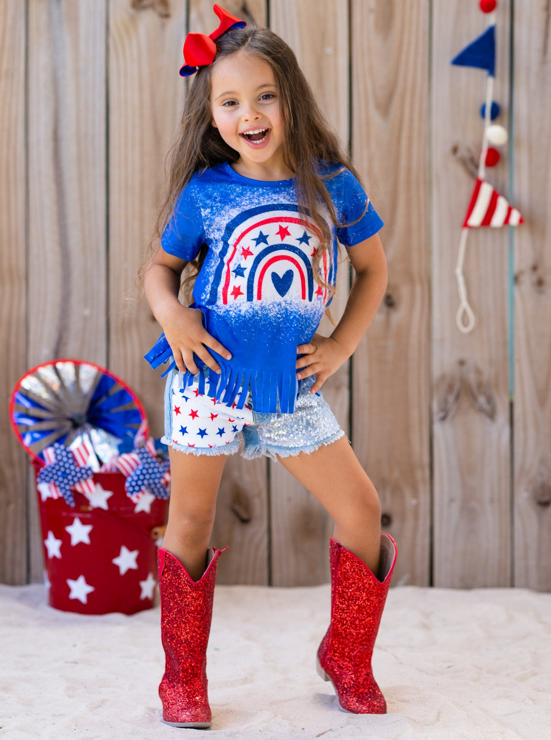 Girls 4th of July Outfits | Americana Fringed Top & Denim Shorts Set