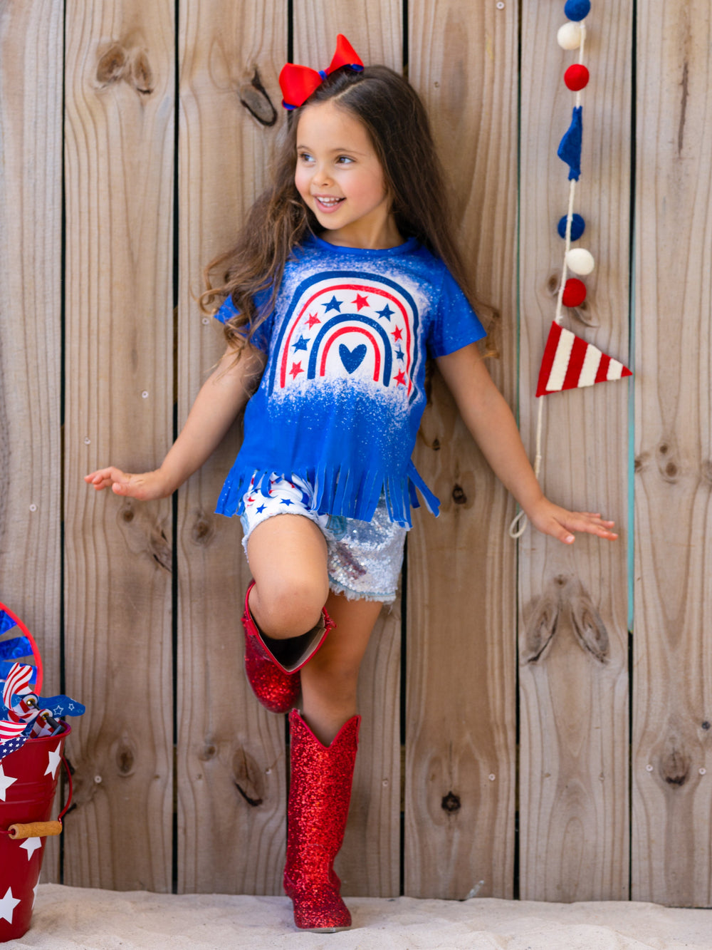 Girls 4th of July Outfits | Americana Fringed Top & Denim Shorts Set