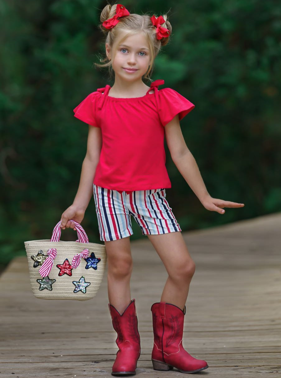 Toddler Spring Outfits | Girls Cold Shoulder Top & Striped Shorts Set