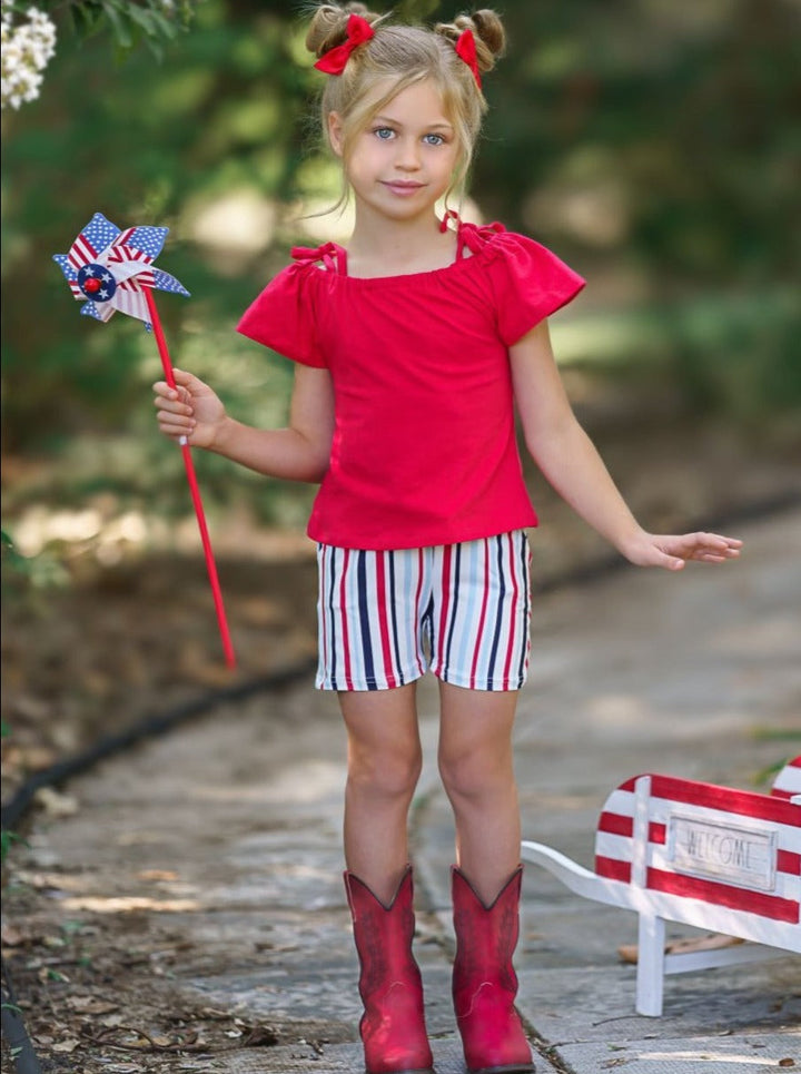 Toddler Spring Outfits | Girls Cold Shoulder Top & Striped Shorts Set